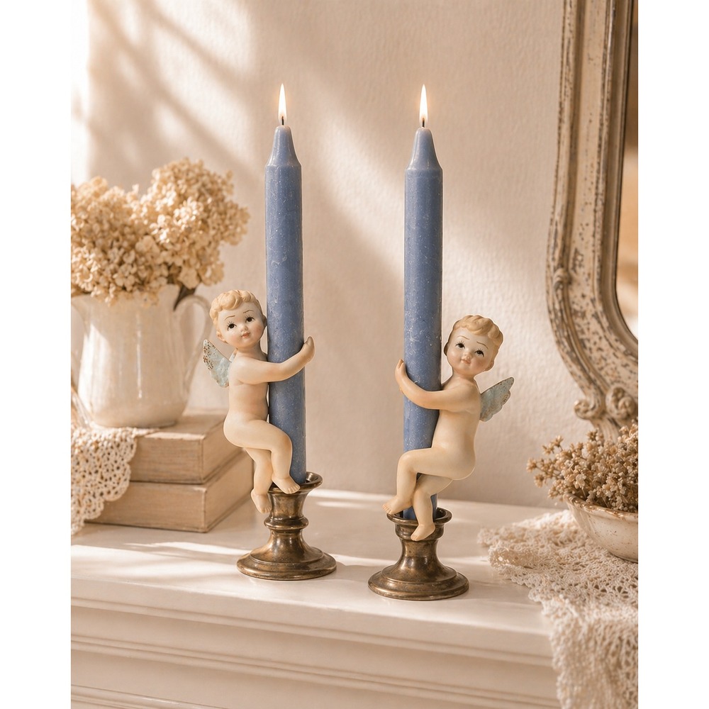 Vintage Lefton Cherub Candle Huggers Pair Japan Bisque Celestial Angel Putti 4in